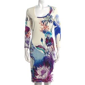 Roberto Cavalli White and Blue Floral Long Sleeve Dress